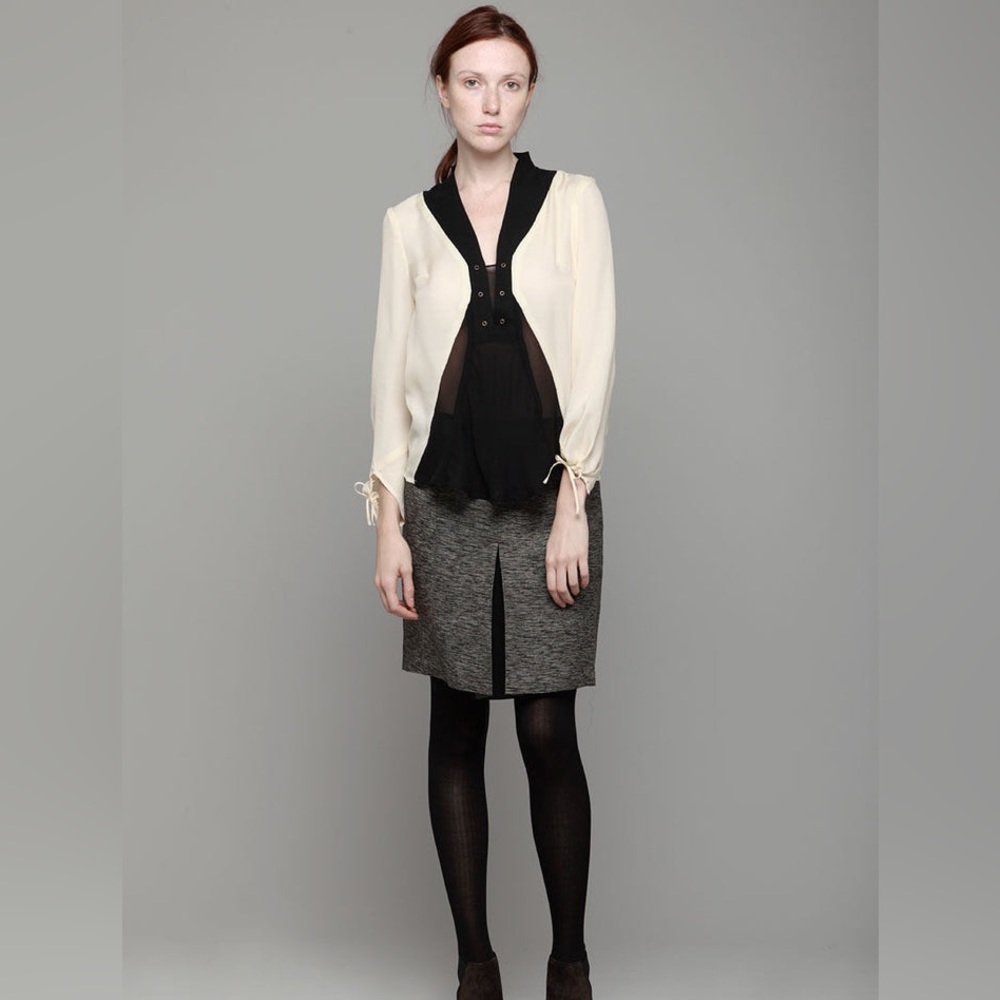 Jeffrey Monteiro Silk Kiera Blouse Size 10 Long Sleeve Top Sheer Ivory Black